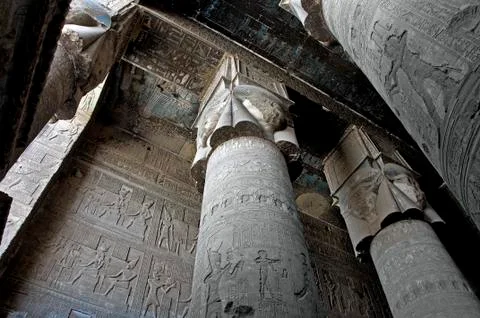 Dendera Egypt, temple dedicated to the goddess Hathor. View of ceiling and co Stock Photos