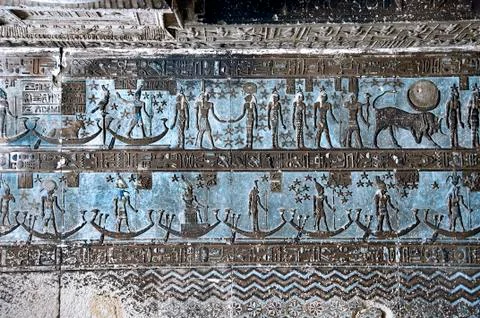 Dendera Egypt, temple dedicated to the goddess Hathor. View the ceiling of th Stock Photos