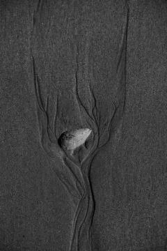 Dendrite patterns made by water flowing around a rock on the beach. Stock-Fotos