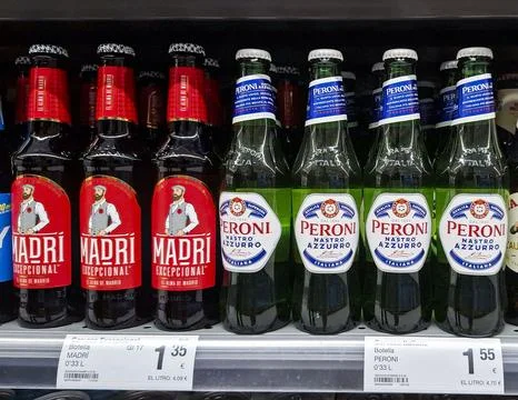 DENIA, SPAIN - January 31, 2026.Selection of Madr Excepcional lager and Per.. Stock-Fotos