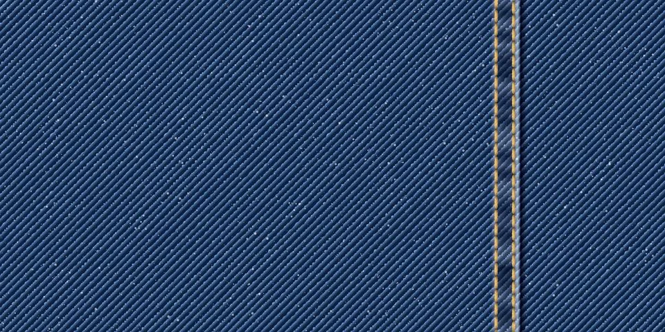 Denim blue jean textile pattern background with gold seams and crease vecto.. Stock Illustration