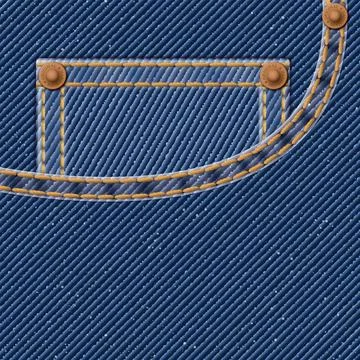 Denim blue jean textile pattern on square background with pocket, gold seam.. Stock Illustration