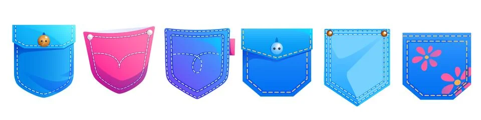Denim patch pockets, cartoon design elements set Stock Illustration