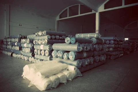 Denim Textile Industry  Ready to Dispatch Jeans Fabric Spools Stock Photos