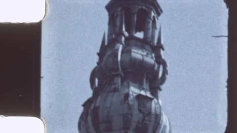 Denmark 1950s, tilt shot of clock tower at Kronborg Castle Stock Footage 317830801