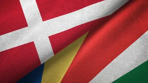 Denmark and Seychelles two flags textile cloth, fabric texture Stock Illustration