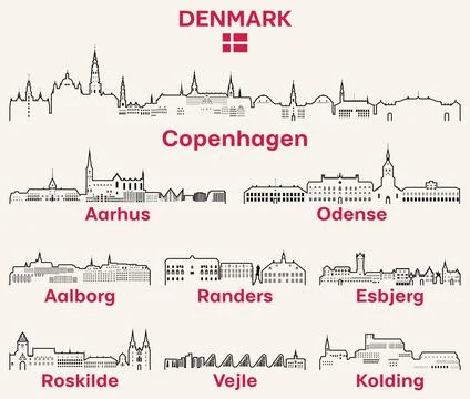 Denmark cities outline skylines vector set Stock Illustration
