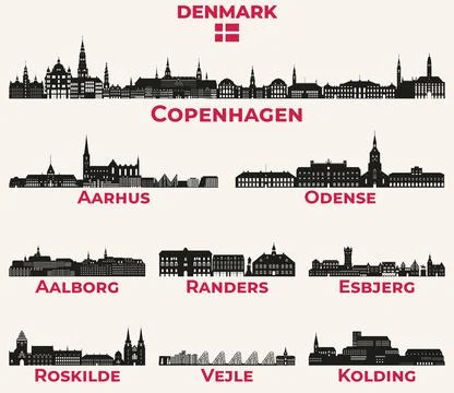 Denmark cities skylines silhouettes vector set Stock Illustration