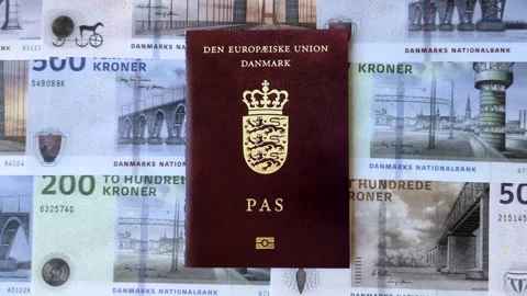 Denmark, Danish passport or id document with tickets for flight, travel. Danish  Stock Footage 342564075