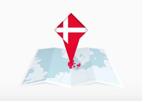 Denmark is depicted on a folded paper map and pinned location marker with f.. Stock Illustration