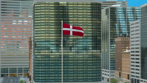 Denmark Flag 3D Render Animation on Pole with Modern Business District Build Video stock 332882025