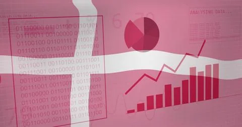 Denmark flag, analyzing data with binary code, charts, and graphs Stock Photos