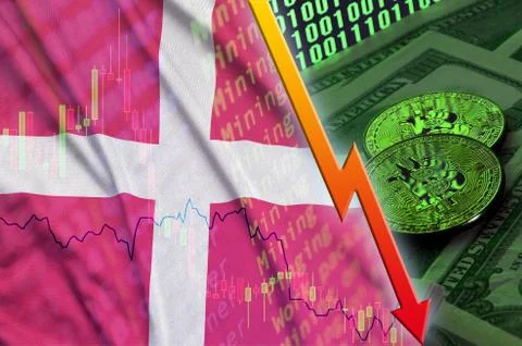 Denmark flag and cryptocurrency falling trend with two bitcoins on dollar bil Foto stock
