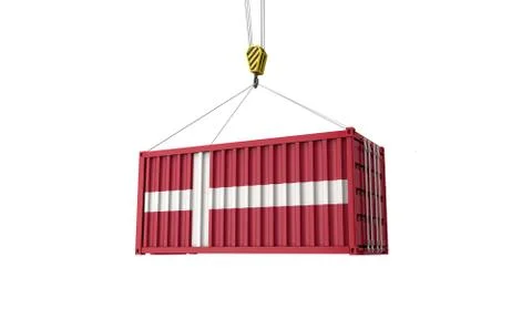Denmark flag cargo trade container hanging from a crane. 3D Render Illustrazione stock