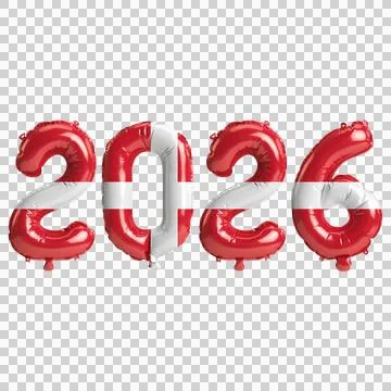 Denmark flag colors 2026 3d illustration, balloon numbers 3d rendering on t.. Stock Illustration