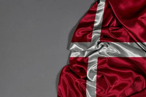 Denmark Flag Draped Silk Texture On Gray Background With Red And White Cross Stock Photos
