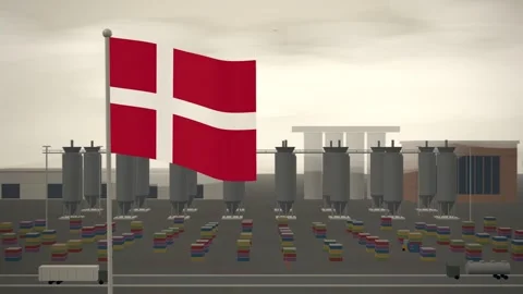 Denmark Flag Flying Over Brewery Fermentation Tank Farm seamless loop Stock Footage 345558061