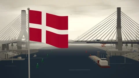 Denmark Flag Flying Over Cable Stayed Bridge River seamless loop Stock Footage 345373347