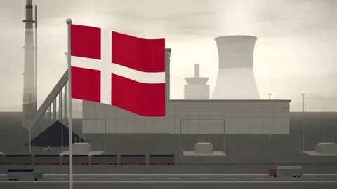 Denmark Flag Flying Over Coal Power Station Cooling Towers seamless loop Stock Footage 344846904