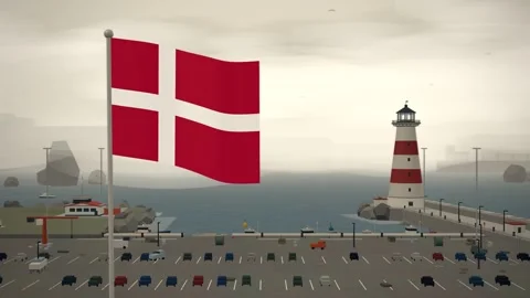 Denmark Flag Flying Over Coastal Harbor Lighthouse Waterfront seamless loop Stock Footage 345376759