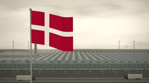 Denmark Flag Flying Over Commercial Glasshouse Nursery Complex seamless loop Stock Footage 345853251