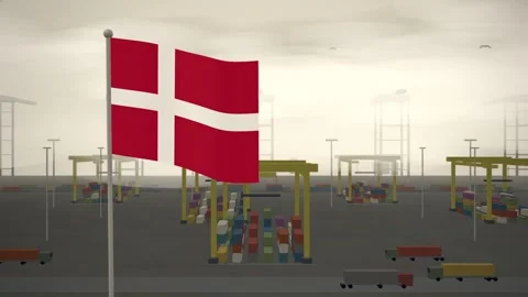 Denmark Flag Flying Over Container Terminal Stacking Yard seamless loop Stock-Footage 344847108