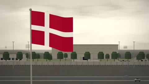 Denmark Flag Flying Over Embassy Compound Perimeter Wall seamless loop Stock Footage 345132777