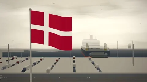 Denmark Flag Flying Over Ferry Terminal Linkspan Berth seamless loop Stock Footage 345804496
