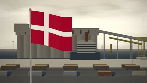 Denmark Flag Flying Over Grain Export Terminal Silos seamless loop Stock Footage 345138374