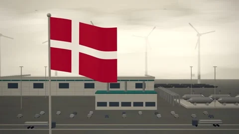 Denmark Flag Flying Over Green Hydrogen Electrolyser Plant seamless loop Stock Footage 345305172