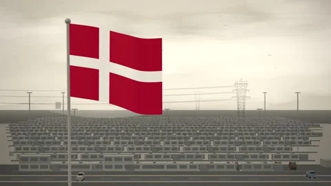 Denmark Flag Flying Over Grid Battery Storage Farm seamless loop Stock Footage 344846615