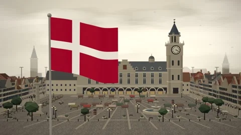 Denmark Flag Flying Over Historic Old Town Square seamless loop Stock Footage 345311151
