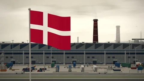 Denmark Flag Flying Over Manufacturing Factory Industrial Plant seamless loop Stock Footage 344847521