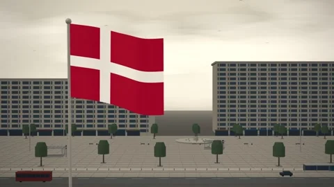 Denmark Flag Flying Over Metro Station Entrance Square seamless loop Stock Footage 345380815