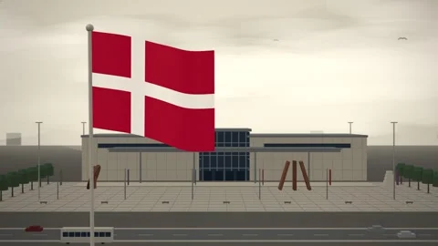 Denmark Flag Flying Over Modern Museum Sculpture Court seamless loop Stock Footage 344951915