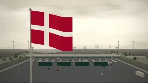 Denmark Flag Flying Over Motorway Toll Plaza Traffic seamless loop Stock Footage 345129602