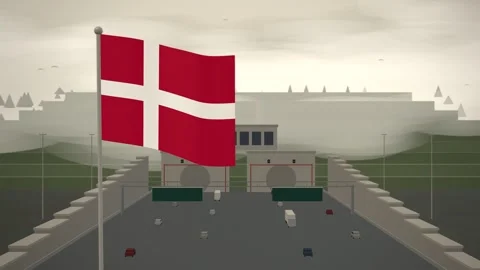 Denmark Flag Flying Over Motorway Tunnel Portal Cutting seamless loop Stock Footage 345563273