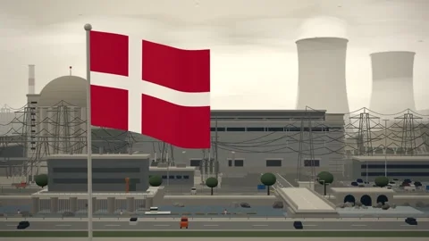 Denmark Flag Flying Over Nuclear Power Station Domes seamless loop Stock Footage 344846958