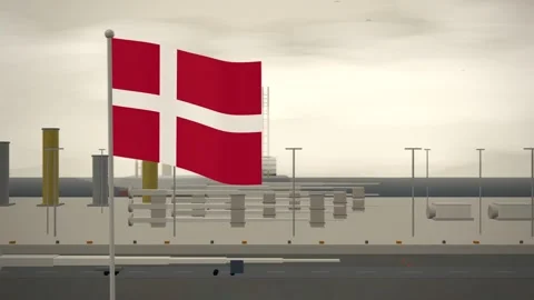 Denmark Flag Flying Over Offshore Wind Service Harbour seamless loop Stock Footage 345807500