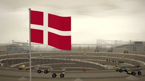 Denmark Flag Flying Over Open Pit Mine Terraces seamless loop Stock Footage 345343563