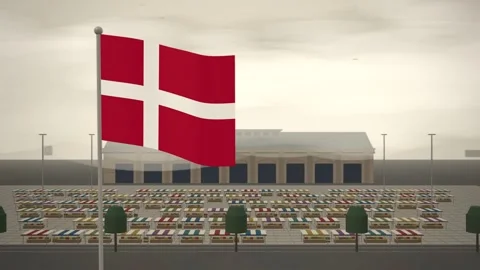 Denmark Flag Flying Over Open Air Market Stalls seamless loop Stock Footage 345875700