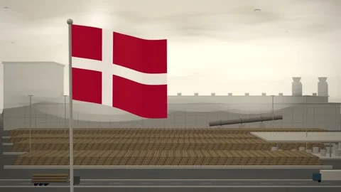 Denmark Flag Flying Over Paper Mill Log Yard seamless loop Stock Footage 345379308