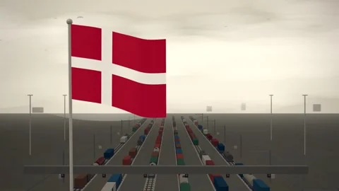Denmark Flag Flying Over Railroad Freight Rail Yard seamless loop Stock Footage 344847077