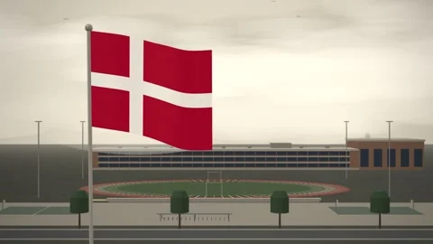 Denmark Flag Flying Over School Campus Running Track seamless loop Stock Footage 345381439