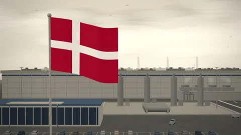 Denmark Flag Flying Over Semiconductor Fabrication Plant Cleanroom seamless loop Stock Footage 344847361