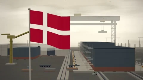 Denmark Flag Flying Over Shipyard Building Berth Gantry seamless loop Stock Footage 344846435