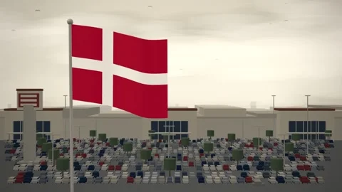 Denmark Flag Flying Over Shopping Mall And Car Park seamless loop Stock Footage 345347395