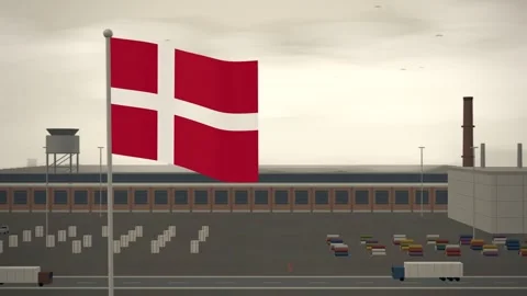 Denmark Flag Flying Over Textile Mill Weaving Shed seamless loop Stock Footage 345854777