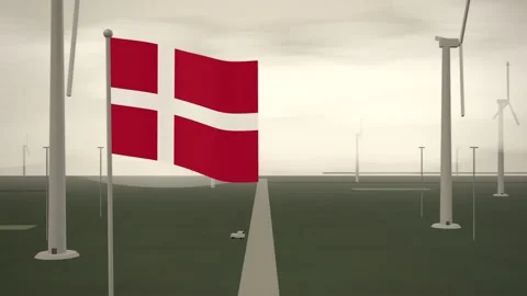 Denmark Flag Flying Over Wind Farm Turbine Field seamless loop Stock Footage 345801958