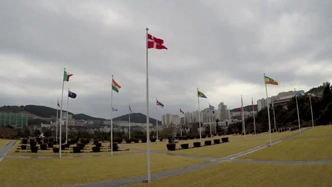 Denmark Flag Waving in the air of UN cemetary Stock Footage 104267644